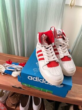 adidas Men’s White and Red High-Top Sneakers